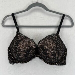 Victoria's Secret Bombshell Plunge Bra 36C Black Lace Studded Push Up